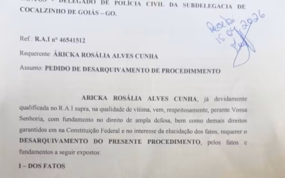 A delegada Áricka Cunha solicitou ao delegado de Cocalzinho o desarquivamento do registro e divulgou o pedido nas redes sociais — Foto: Reprodução/ TV Anhanguera
